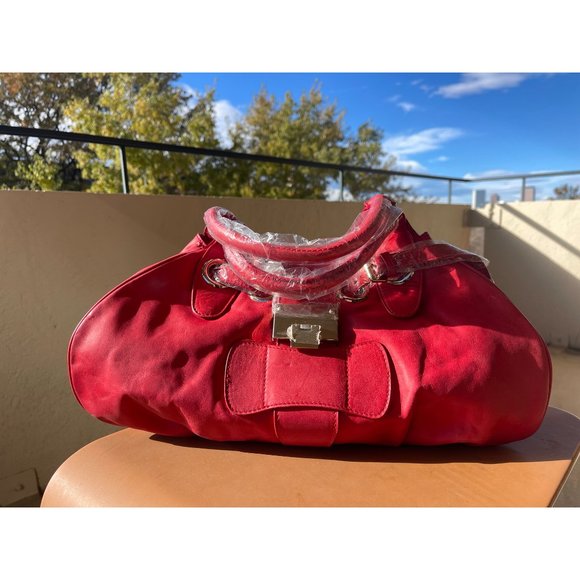 NWT Chocolat Blu Red Leather Handbag Belted and Clasped Top - Picture 1 of 5
